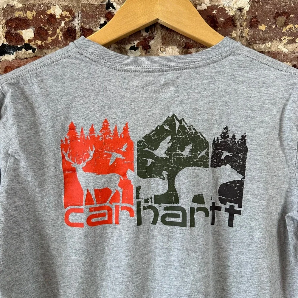 Carhartt Boys Youth Long Sleeve Gray Deer Bear T Shirt Graphic Medium 10-12